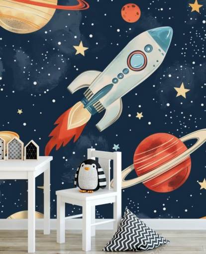 Cute Space Mural with Rocket and Planets