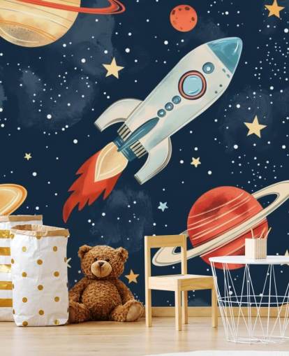 Lindo mural espacial con cohetes y planetas