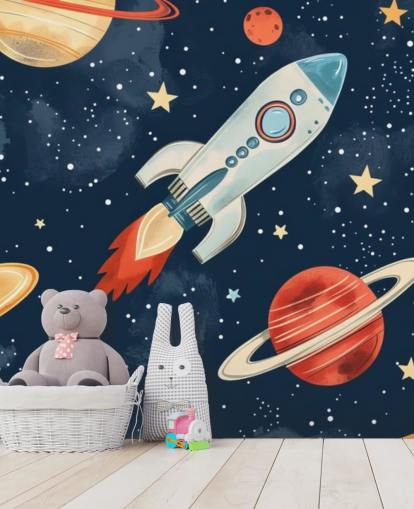 Simpatico murale spaziale con razzi e pianeti
