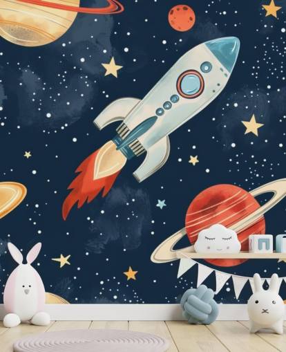 Simpatico murale spaziale con razzi e pianeti