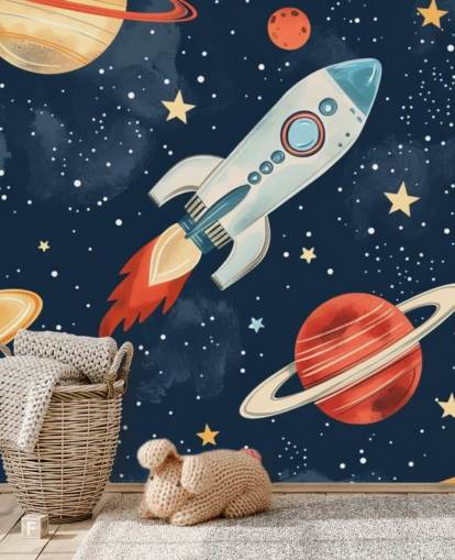 Cute Space Mural with Rocket and Planets