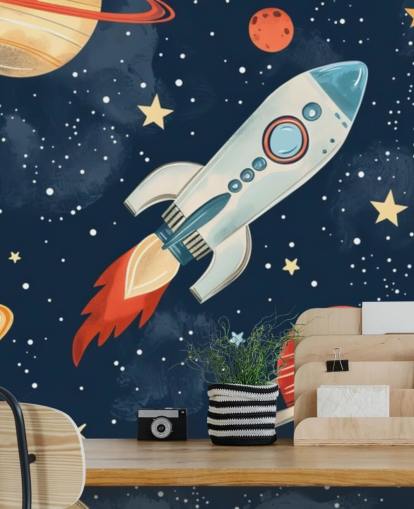 Leuke ruimtemuurschildering met raket en planeten