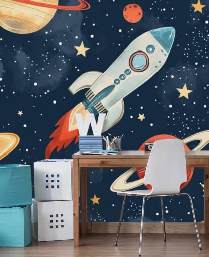 Jolie fresque spatiale avec fusée et planètes Jolie fresque spatiale avec fusée et planètes