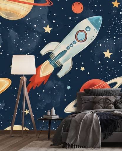 Lindo mural espacial con cohetes y planetas