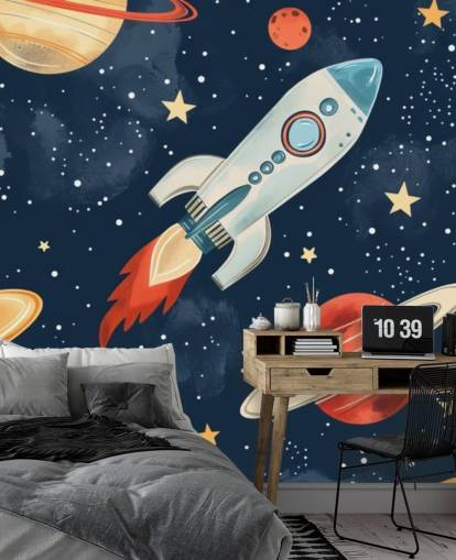 Cute Space Mural with Rocket and Planets
