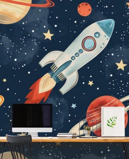 Jolie fresque spatiale avec fusée et planètes