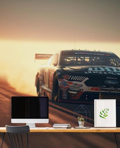 mural de papel de parede escuro personalizável da NASCAR chamado NASCAR On Track para quartos, escritórios e cavernas masculinas