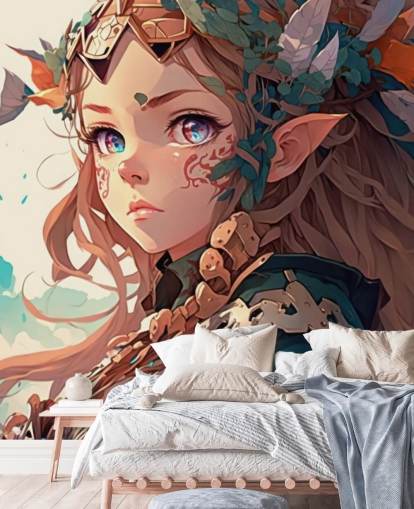 beige og grønt fantasy veggmaleri kalt Anime Elf Warrior for tenåringssoverom beige og grønt fantasy veggmaleri kalt Anime Elf Warrior for tenåringssoverom