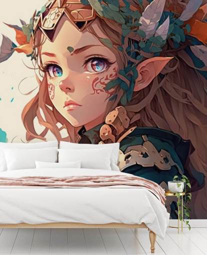 mural de pared de fantasía beige y verde llamado Anime Elf Warrior para dormitorios de adolescentes