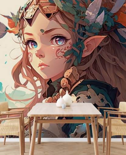 beige en groene fantasie muurschildering genaamd Anime Elf Warrior voor tienerkamers beige en groene fantasie muurschildering genaamd Anime Elf Warrior voor tienerkamers