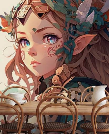 beige og grøn fantasy vægmaleri kaldet Anime Elf Warrior til teenagesoveværelser beige og grøn fantasy vægmaleri kaldet Anime Elf Warrior til teenagesoveværelser