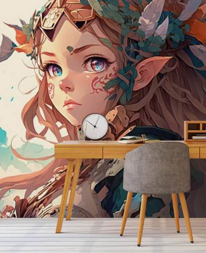 beige en groene fantasie muurschildering genaamd Anime Elf Warrior voor tienerkamers