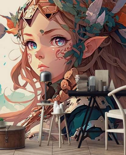 beige ja vihreä fantasiaseinämaalaus nimeltä Anime Elf Warrior teini-ikäisten makuuhuoneisiin