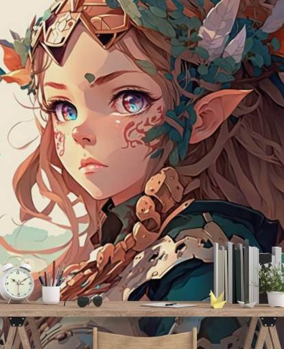 mural de parede de fantasia bege e verde chamado Anime Elf Warrior para quartos de adolescentes