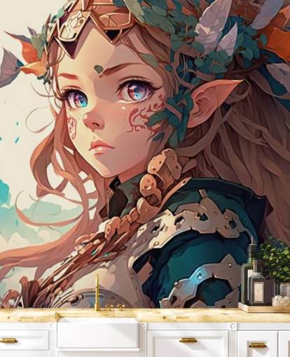 beige ja vihreä fantasiaseinämaalaus nimeltä Anime Elf Warrior teini-ikäisten makuuhuoneisiin