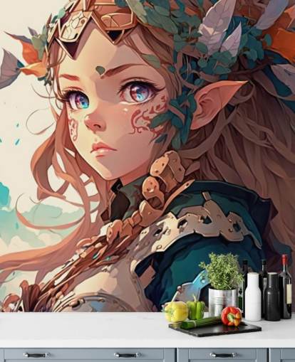 beigefarbenes und grünes Fantasy-Wandbild namens Anime Elf Warrior für Jugendzimmer