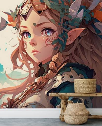 beige and green fantasy wall mural called Anime Elf Warrior for teen bedrooms