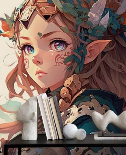 beige and green fantasy wall mural called Anime Elf Warrior for teen bedrooms beige and green fantasy wall mural called Anime Elf Warrior for teen bedrooms