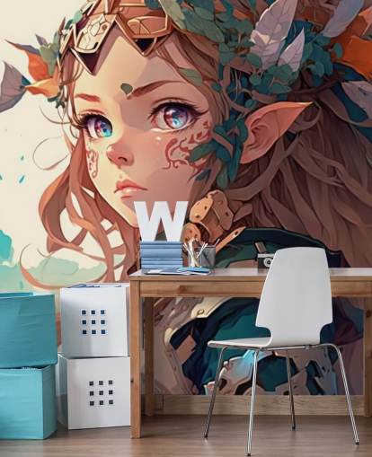 beige and green fantasy wall mural called Anime Elf Warrior for teen bedrooms