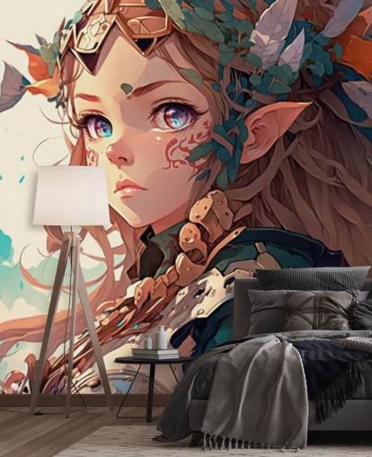 murale fantasy beige e verde chiamato Anime Elf Warrior per camere da letto per adolescenti
