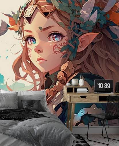 beige ja vihreä fantasiaseinämaalaus nimeltä Anime Elf Warrior teini-ikäisten makuuhuoneisiin beige ja vihreä fantasiaseinämaalaus nimeltä Anime Elf Warrior teini-ikäisten makuuhuoneisiin