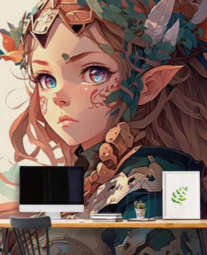 beige and green fantasy wall mural called Anime Elf Warrior for teen bedrooms