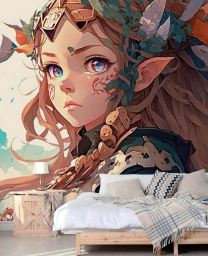beige and green fantasy wall mural called Anime Elf Warrior for teen bedrooms
