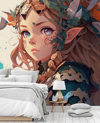 fresque murale fantastique beige et verte appelée Anime Elf Warrior pour chambres d'adolescents