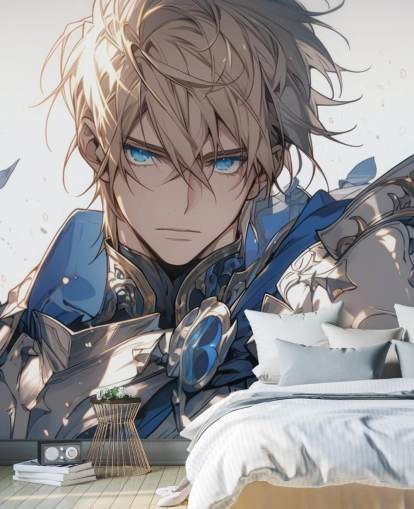 blue and white customisable anime wall mural called Paladin Knight for teen bedrooms
