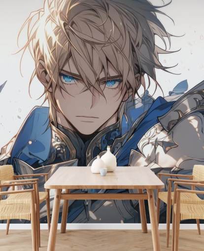 blauw-wit aanpasbare anime muurschildering genaamd Paladin Knight voor tienerkamers