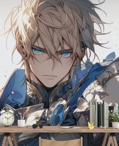 blå og hvit tilpassbar anime veggmaleri kalt Paladin Knight for tenåringssoverom