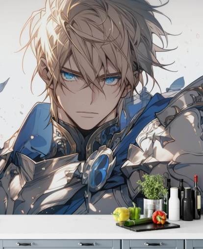 Blau-weißes personalisierbares Anime-Wandbild namens Paladin Knight für Jugendzimmer