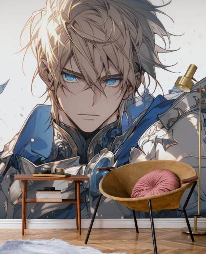 mural de pared de anime personalizable en blanco y azul llamado Paladin Knight para dormitorios de adolescentes