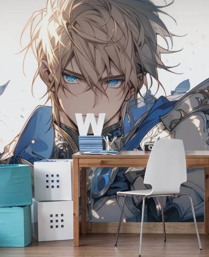 blå og hvit tilpassbar anime veggmaleri kalt Paladin Knight for tenåringssoverom
