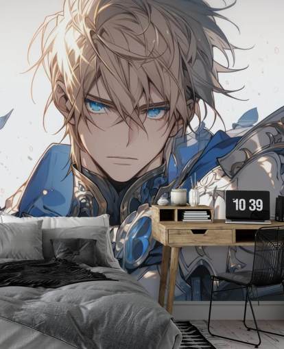 Blau-weißes personalisierbares Anime-Wandbild namens Paladin Knight für Jugendzimmer Blau-weißes personalisierbares Anime-Wandbild namens Paladin Knight für Jugendzimmer