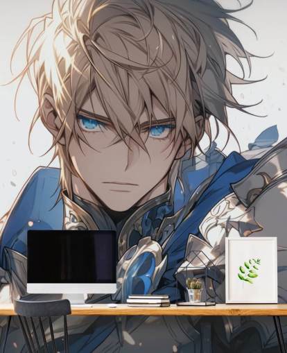 blå og hvid tilpasselig anime vægmaleri kaldet Paladin Knight til teenagerværelser