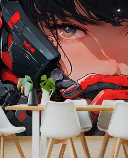 mural de parede de anime personalizável em vermelho e cinza chamado Anime Future Soldier para quartos e salas de jogos