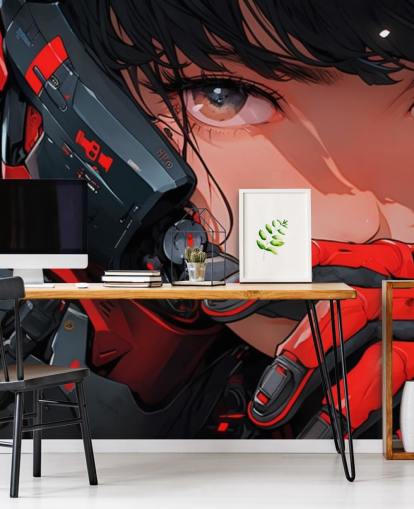 röd och grå anpassningsbar anime väggmålning som heter Anime Future Soldier för sovrum och spelrum