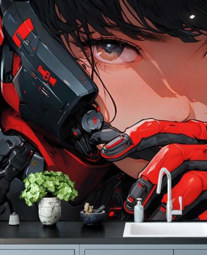 rode en grijze aanpasbare anime-muurschildering genaamd Anime Future Soldier voor slaapkamers en speelkamers