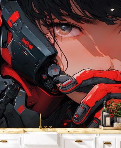 red and grey customisable anime wall mural called Anime Future Soldier for bedrooms and games rooms