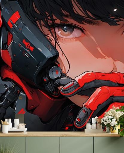red and grey customisable anime wall mural called Anime Future Soldier for bedrooms and games rooms