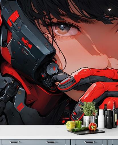 red and gray customizable anime wall mural called Anime Future Soldier for bedrooms and games rooms