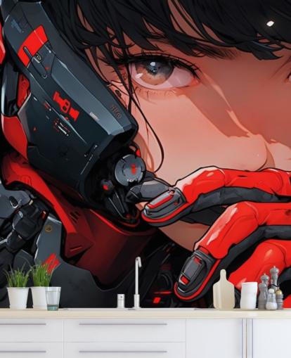 mural de parede de anime personalizável em vermelho e cinza chamado Anime Future Soldier para quartos e salas de jogos mural de parede de anime personalizável em vermelho e cinza chamado Anime Future Soldier para quartos e salas de jogos