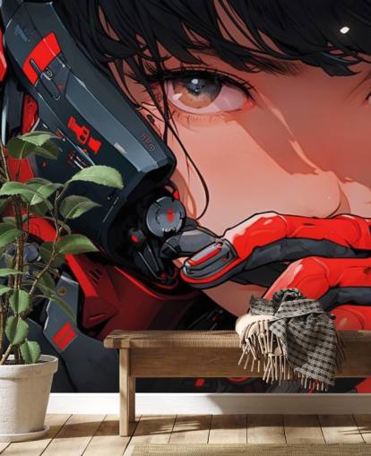 fresque murale d'anime personnalisable rouge et gris appelée Anime Future Soldier pour les chambres et les salles de jeux