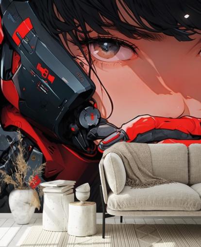 red and grey customisable anime wall mural called Anime Future Soldier for bedrooms and games rooms