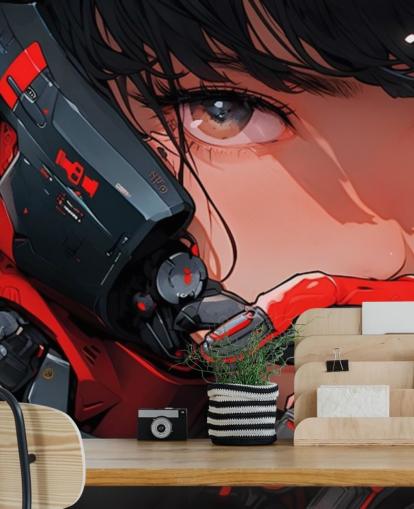 rotes und graues personalisierbares Anime-Wandbild namens Anime Future Soldier für Schlafzimmer und Spielzimmer