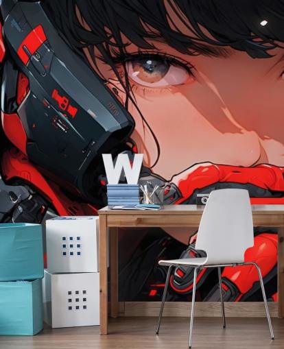 rode en grijze aanpasbare anime-muurschildering genaamd Anime Future Soldier voor slaapkamers en speelkamers