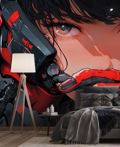 röd och grå anpassningsbar anime väggmålning som heter Anime Future Soldier för sovrum och spelrum