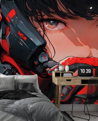 rødt og grått tilpassbart anime-veggmaleri kalt Anime Future Soldier for soverom og spillrom