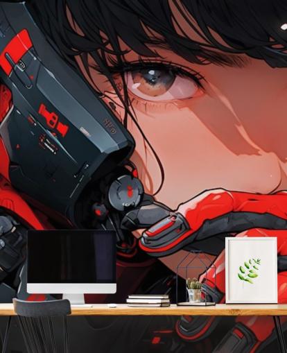 murale anime personalizzabile rosso e grigio chiamato Anime Future Soldier per camere da letto e sale giochi